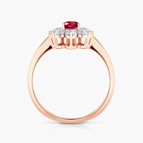 Pierścionek zaręczynowy SAVICKI: różowe złoto, rubin, białe szafiry